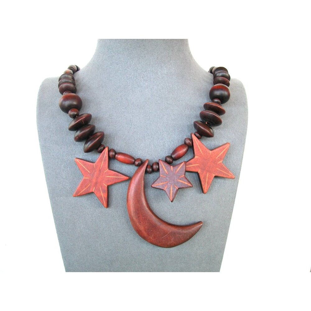 Handcrafted Wooden Star & Moon Necklace With Stars & Moon 32"